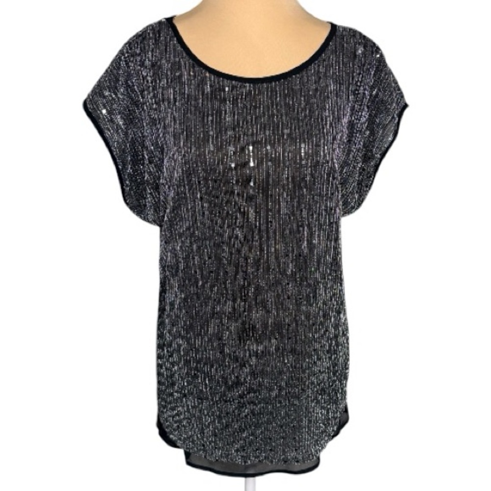 Stem & Vine Black and Metallic Silver Sheer Black Lined Blouse Size 1X